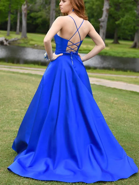 A Line V Neck Royal Blue Long Prom Dresses, Blue V Neck Formal Evening Graduation Dresses