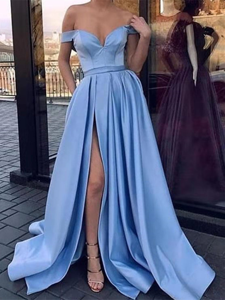 Blue Off Shoulder Satin Long Prom Dresses With High Slit, Blue Formal Dresses, Off The Shoulder Evening Dresses
