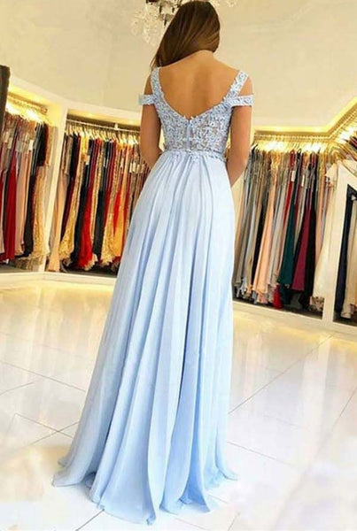 Light Blue Off Shoulder Lace Long Prom Dresses with Split, Light Blue Lace Graduation Formal Evening Dresses