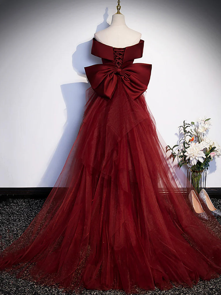 V Neck Burgundy Satin Long Prom Dresses with Bow, Off Shoulder Mermaid morievent V Neck Burgundy Satin Long Prom Dresses with Bow, Off Shoulder Mermaid morievent