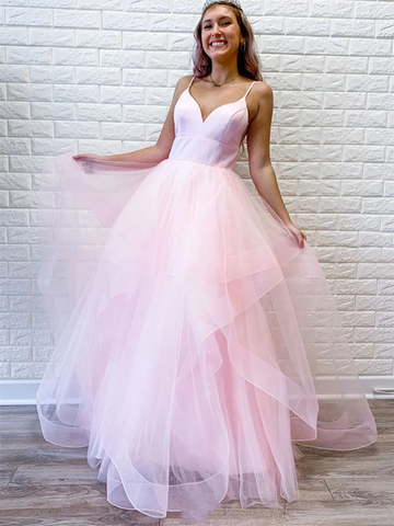 Cute V Neck Blue Pink Tulle Long Prom Dresses,  V Neck Blue Pink Formal Evening Dresses