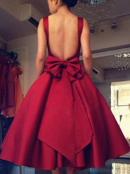 Ball Gown Square Neckline Red Short Satin Backless Prom Dresses, Red Short Backless Homecoming Dresses