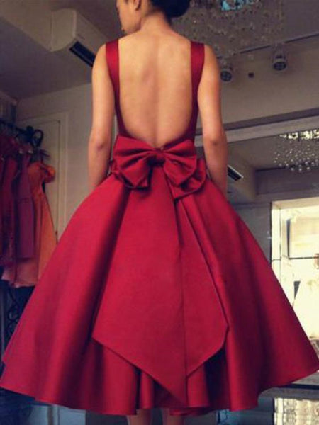 Ball Gown Square Neckline Red Short Satin Backless Prom Dresses, Red Short Backless Homecoming Dresses
