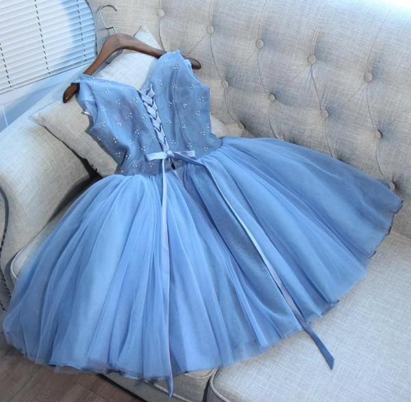 Cute Blue Lace Short Prom Dress, Blue Homecoming Dress