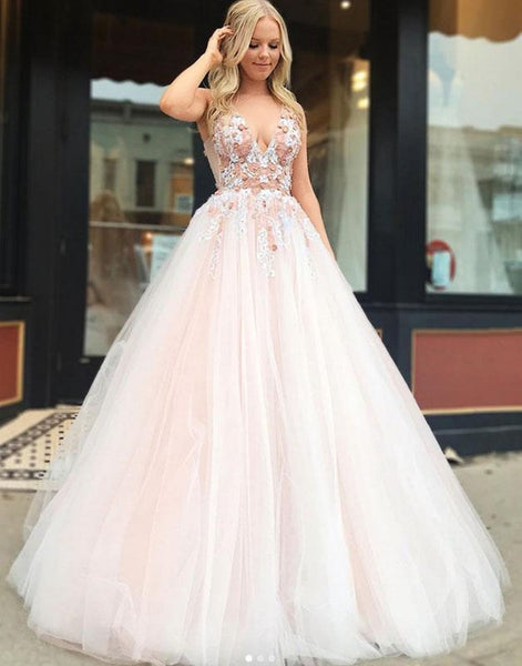 V Neck Floral Champagne Tulle Prom Dresses with Beaded, Champagne Floral Long Evening Dresses