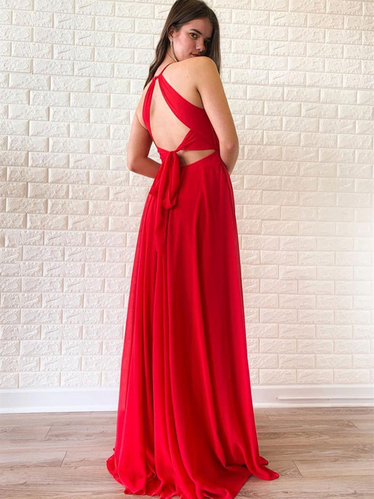 Red Chiffon Long Prom Dress, Red Chiffon Long Formal Evening Dress
