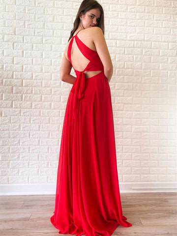 Red Chiffon Long Prom Dress, Red Chiffon Long Formal Evening Dress