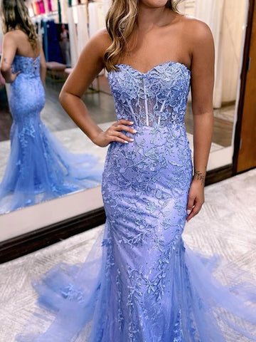 Strapless Blue Lace Mermaid Prom Dresses, Lace Mermaid Formal Evening Dresses