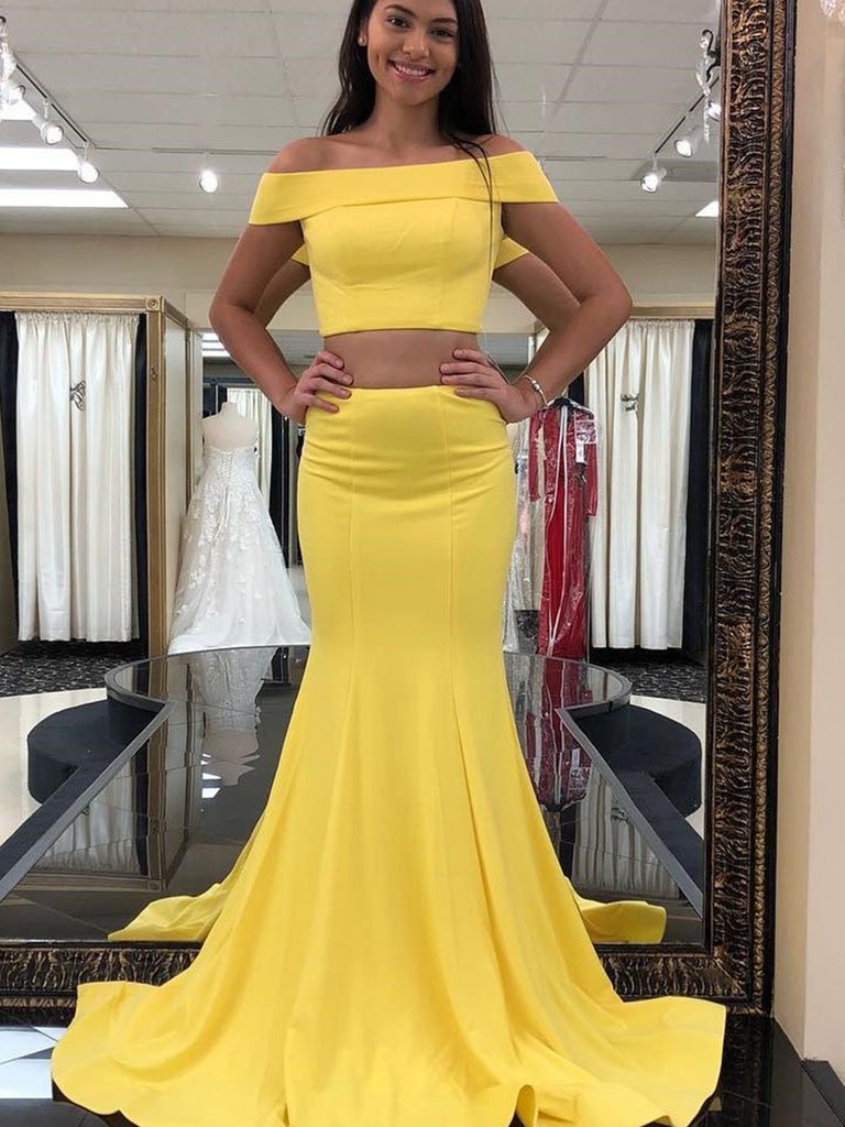 Yellow Tow Pieces Off Shoulder Mermaid Long Prom Dresses, Tow Pieces Yellow Mermaid Formal Graduation Evening Dresses
