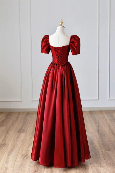 A Line Burgundy Satin Long Prom Dress, Simple A Line Short Sleeve Formal Evening Dress