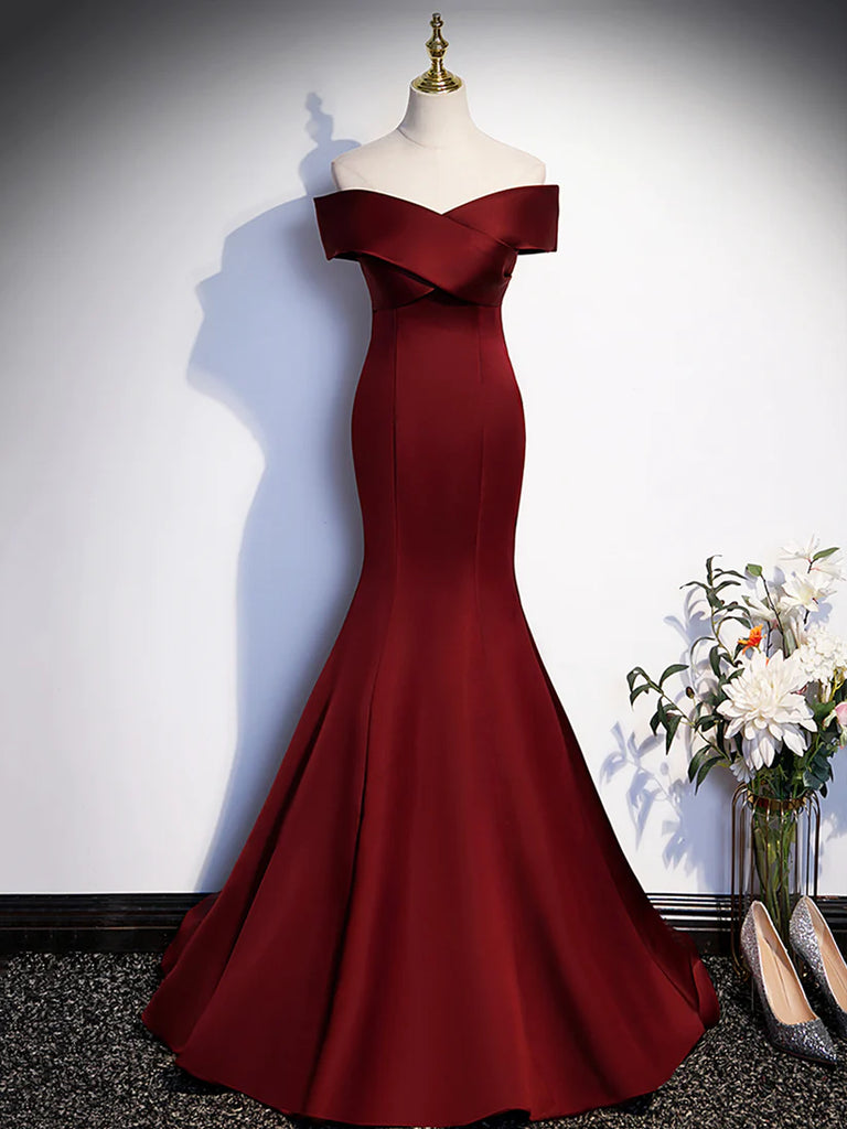 V Neck Burgundy Satin Long Prom Dresses with Bow, Off Shoulder Mermaid morievent V Neck Burgundy Satin Long Prom Dresses with Bow, Off Shoulder Mermaid morievent