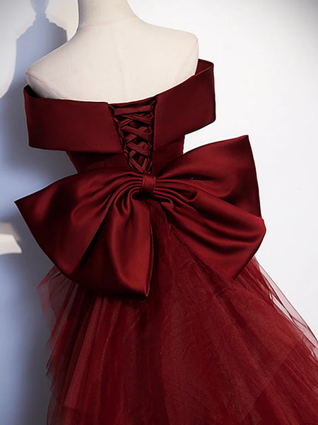 V Neck Burgundy Satin Long Prom Dresses with Bow,  Off Shoulder Mermaid Burgundy Formal Evening Dresses