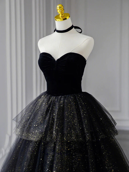 Strapless Black Tulle Prom Dress with Velvet, A Line Black Sweetheart Neck Long Formal Evening Dress