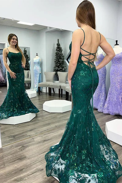Backless Mermaid Green Lace Long Prom Dress, Mermaid Green Formal Dress, Green Lace Evening Dress