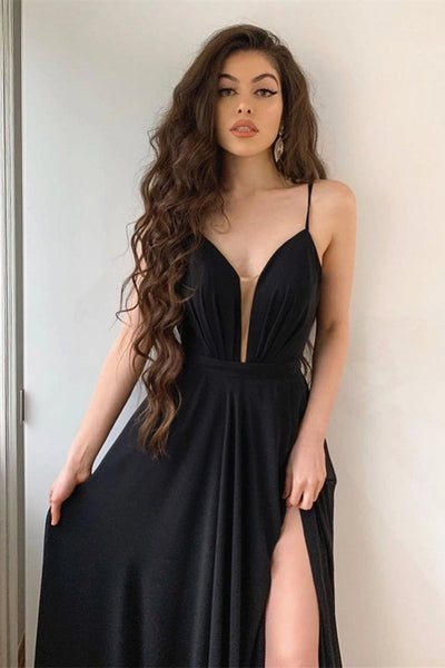 Black Spaghetti Straps Long Prom Dress With Slit, V Neck Black Long Formal Evening Dress