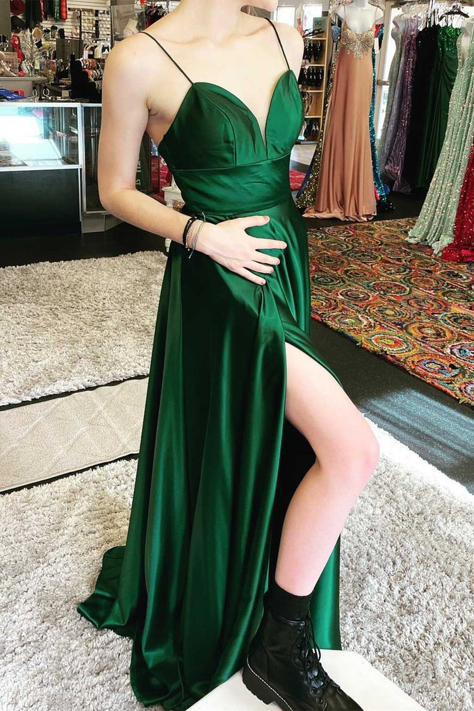 A Line V Neck Empire Waist Green Prom Dress with Slit, Green Long Form morievent A Line V Neck Empire Waist Green Prom Dress with Slit, Green Long Form morievent