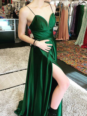 A Line V Neck Empire Waist Green Prom Dress with Slit, Green Long Formal Evening Dress