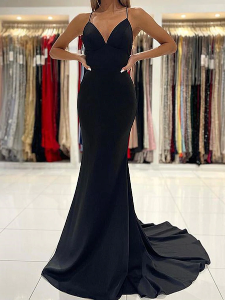 V Neck Black Mermaid Backless  Prom Dresses, Black Mermaid Formal Graduation Dresses