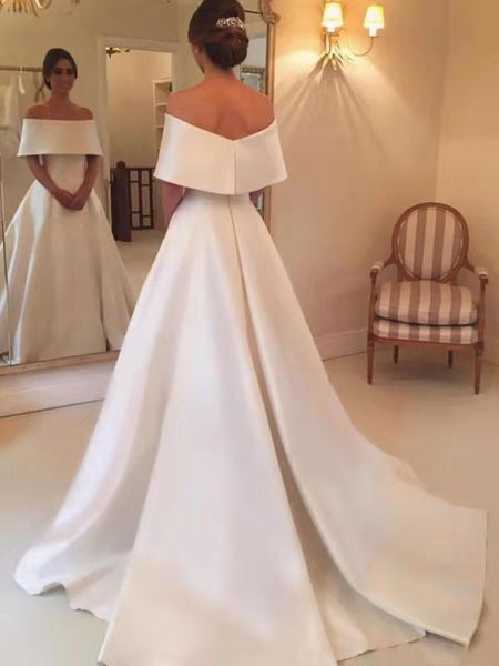 Off Shoulder A-Line Sweep Train White Wedding Dresses