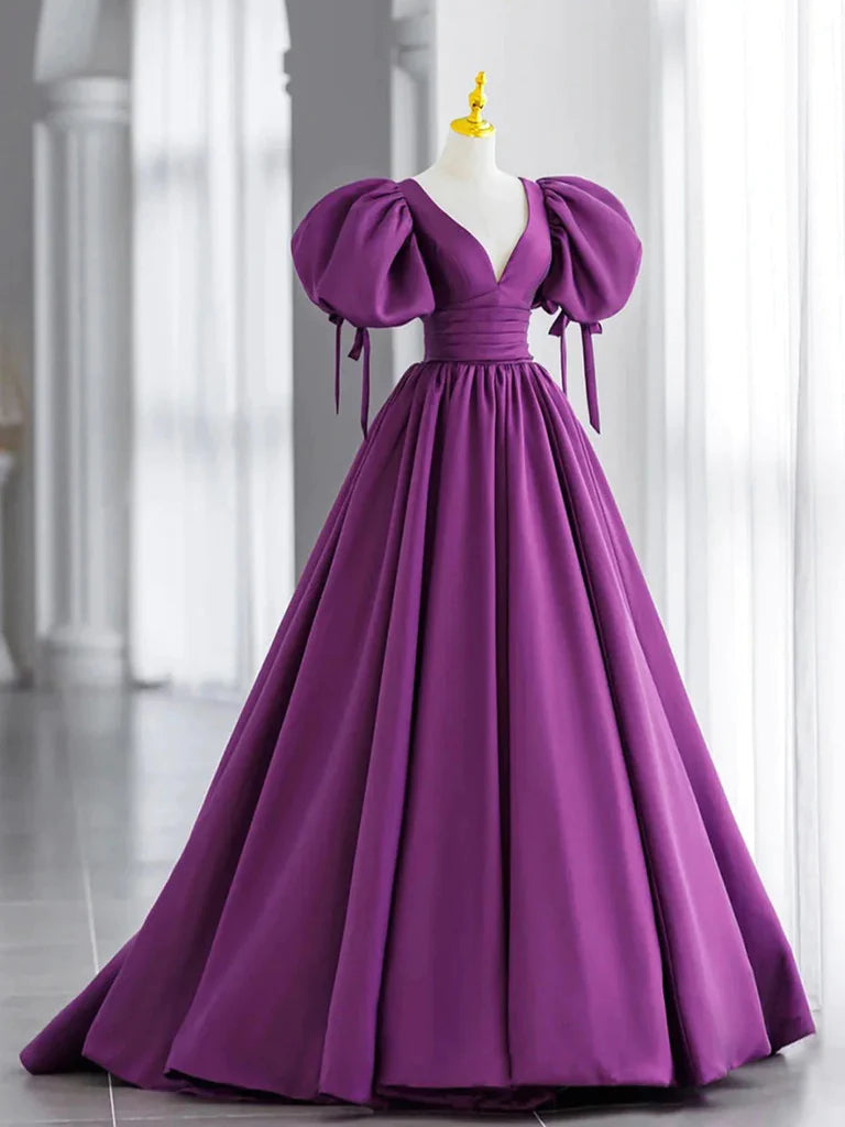Off the Shoulder Purple Satin Long Prom Dresses, Purple Off Shoulder Long Formal Evening Dresses