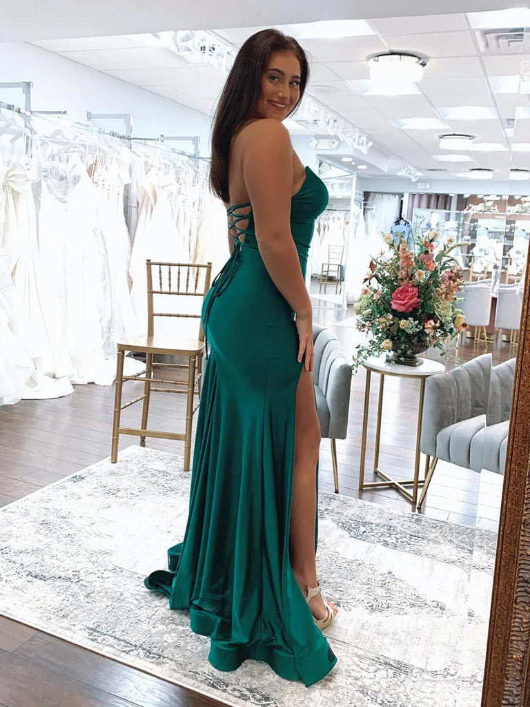 Strapless Mermaid Green Satin Long Prom Dresses, Mermaid Green Formal morievent Strapless Mermaid Green Satin Long Prom Dresses, Mermaid Green Formal morievent