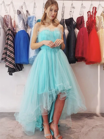 A Line Tulle High Low Blue Prom Dresses, A Line Tulle High Low Blue Formal Evening Dresses