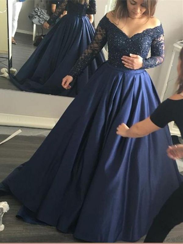 Dark Blue Long Sleeves Lace Prom Gown, Navy Blue Prom Dress, Formal Dress