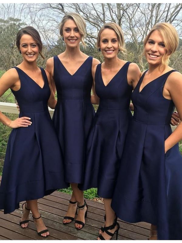 Dark Blue A Line V Neck High Low Short Prom Dress, Navy Blue Graduatio morievent Dark Blue A Line V Neck High Low Short Prom Dress, Navy Blue Graduatio morievent