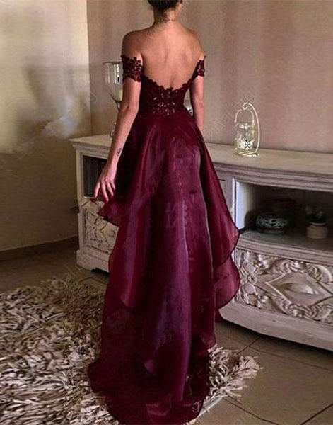High Low Organza Maroon Lace Prom Dress, High Low Formal Dress, Maroon Lace Graduation Dress, Maroon High Low Homecoming Dress