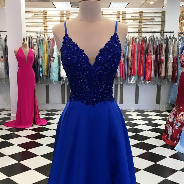 V Neck Blue Lace Prom Dresses，Blue Lace Formal Graduation Evening Dresses