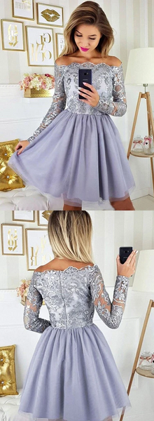 Gray Lace Long Sleeves Short Prom Dresses, Short Gray Lace Formal Graduation Homecoming Dresses