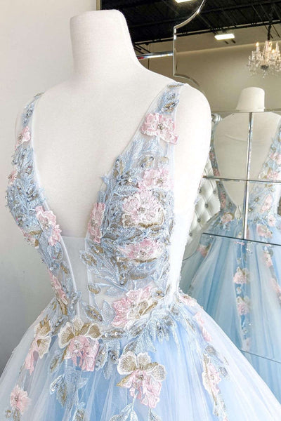 A Line Plunging Neck Baby Blue Long Prom Dress with Embroidery， V Neck Blue Lace Formal Evening Dresses