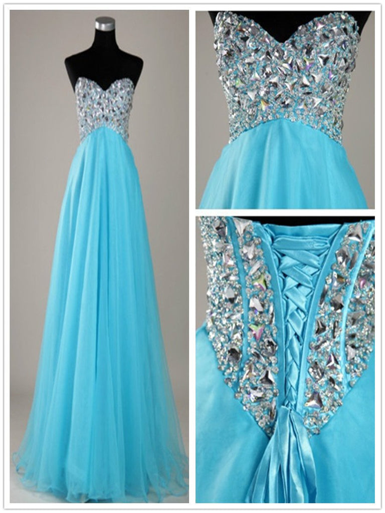A Line Sweetheart Neck Blue Floor Length Prom Dresses
