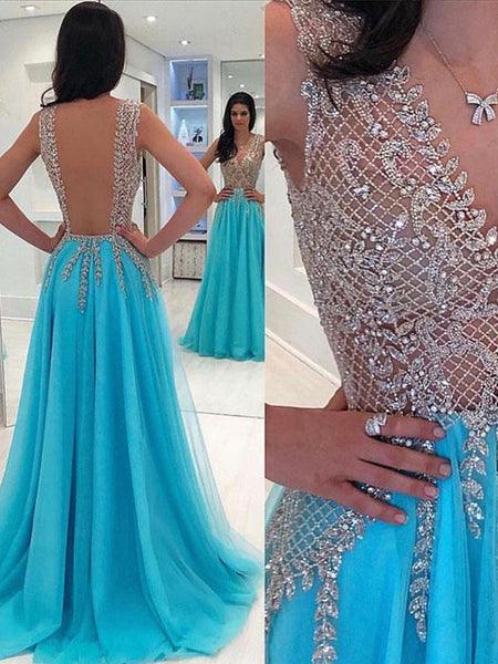 V neck blue tulle  long prom dress with beaded, Blue beaded formal evening dress