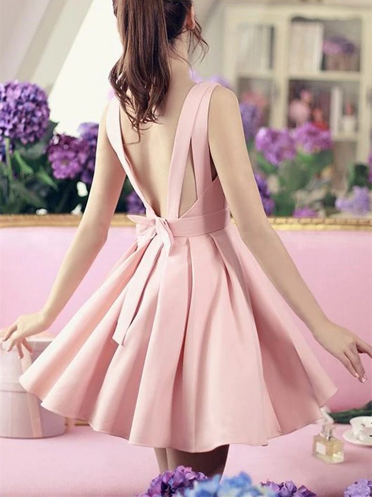 Cute V Neck Open Back Pink Satin Short Prom Homecoming Dresses, V Neck morievent Cute V Neck Open Back Pink Satin Short Prom Homecoming Dresses, V Neck morievent