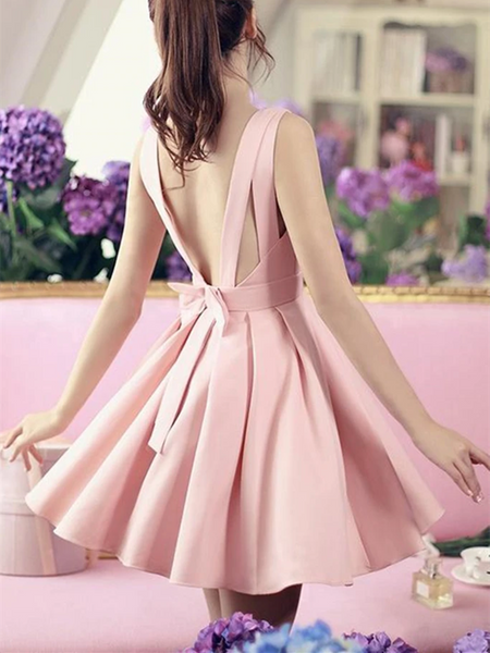 Cute V Neck Open Back Pink Satin Short Prom Homecoming Dresses, V Neck Pink Formal Graduation Evening Dresses