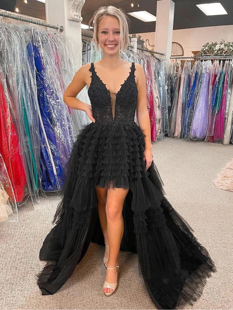 V Neck Backless High Low Beaded Black Lace Long Prom Dresses, Backless morievent V Neck Backless High Low Beaded Black Lace Long Prom Dresses, Backless morievent