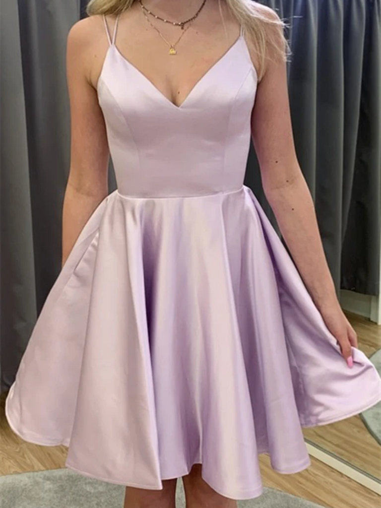 A Line V Neck Pink Satin Short Prom Dresses, A Line V Neck Pink Satin morievent A Line V Neck Pink Satin Short Prom Dresses, A Line V Neck Pink Satin morievent