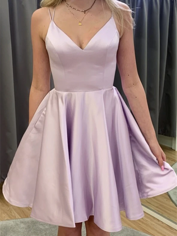 A Line V Neck Pink Satin Short Prom Dresses, A Line V Neck Pink Satin Short Formal Evening Dresses