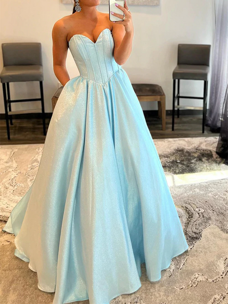 A Line Sweetheart Strapless Blue Long Prom Dresses, A Line Sweetheart Strapless Blue Long Formal Evening Dresses