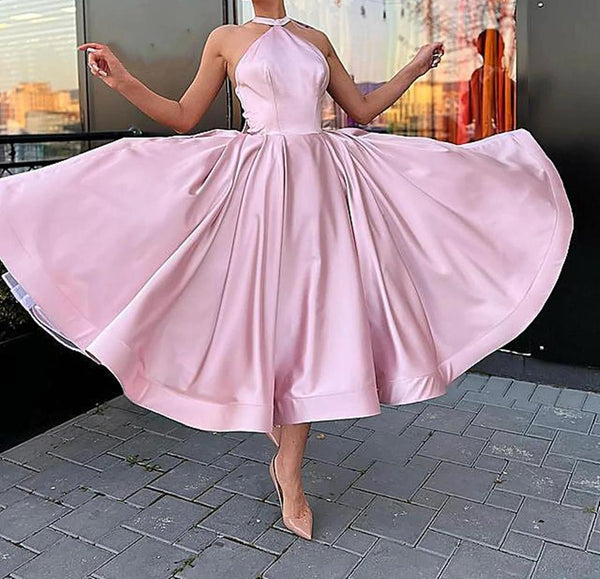 Halter Neck Pink Tea Length Prom Dresses, Short Pink Satin Formal Homecoming Dresses