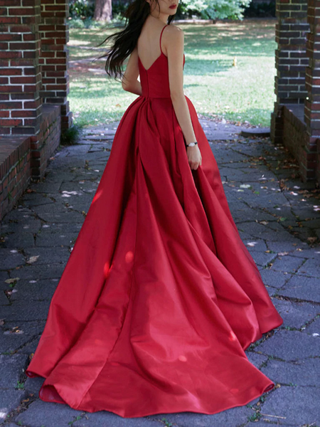 Spaghetti Straps V Neck Red Satin Prom Dresses, Spaghetti Straps Red V Neck Satin Long Formal Graduation Dresses