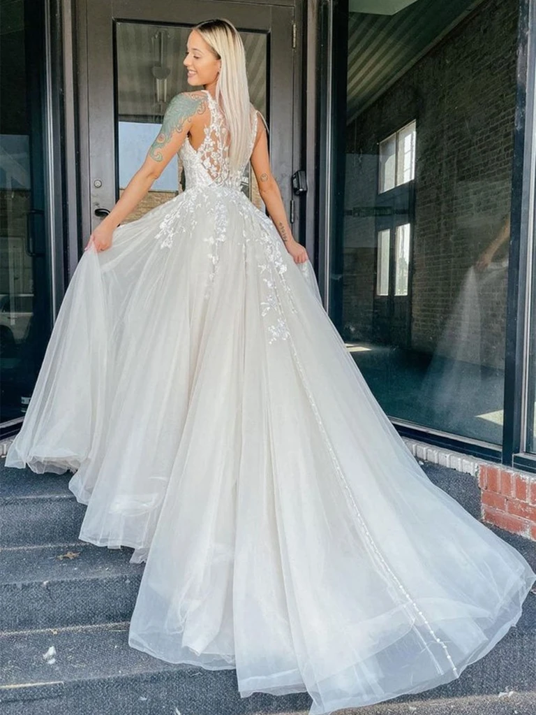 V Neck Ivory Lace Floral Long Prom Dresses with Train, Ivory Lace Wedd morievent V Neck Ivory Lace Floral Long Prom Dresses with Train, Ivory Lace Wedd morievent