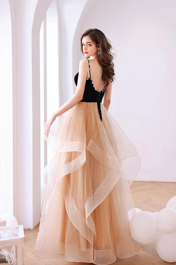 Elegant Off Shoulder Champagne Satin Long Prom Dress, High Slit Champagne  Formal Graduation Evening Dress