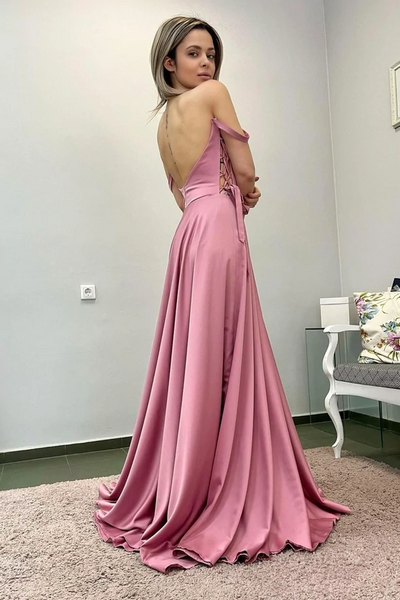Simple A Line Backless Pink Long Prom Dresses, Long Pink Formal Evening Dresses