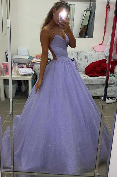 Purple V Neck Tulle Long Backless Prom Dresses, Purple V Neck Tulle Long Backless Formal Evening Dresses