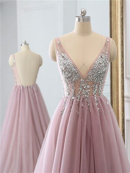 V neck pink backless beaded tulle long prom dress with high leg slit, pink backless beaded tulle evening dress