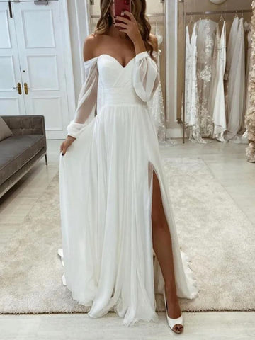 White Chiffon Long Sleeves Prom Dresses, White Chiffon Long Sleeves Formal Evening Dresses