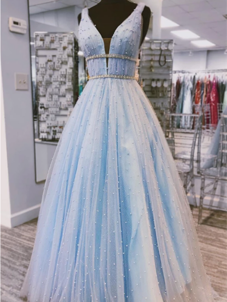 V Neck Light Blue Tulle Beaded Long Prom Dress,  Light Blue Tulle Beaded Long Formal Evening Dress