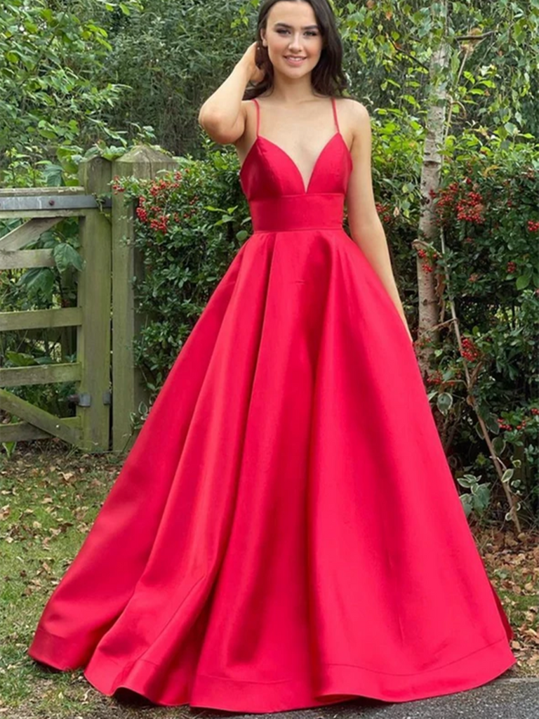 V Neck Red Satin Long Prom Dresses, V Neck Red Satin Long Formal Evening Dresses